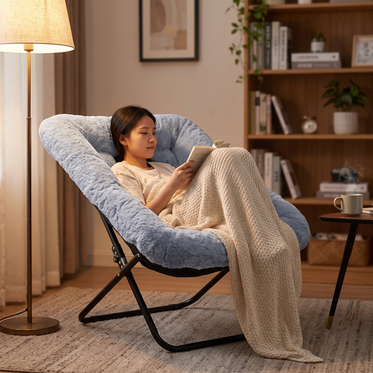 Saucer Chair - Foldable Faux Fur Lounge Chair (Light Gray) in a reading nook