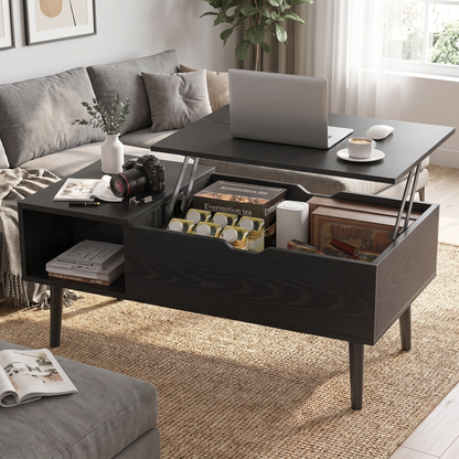 Lift Top Coffee Table - Hidden Storage Table (Black) in a living room