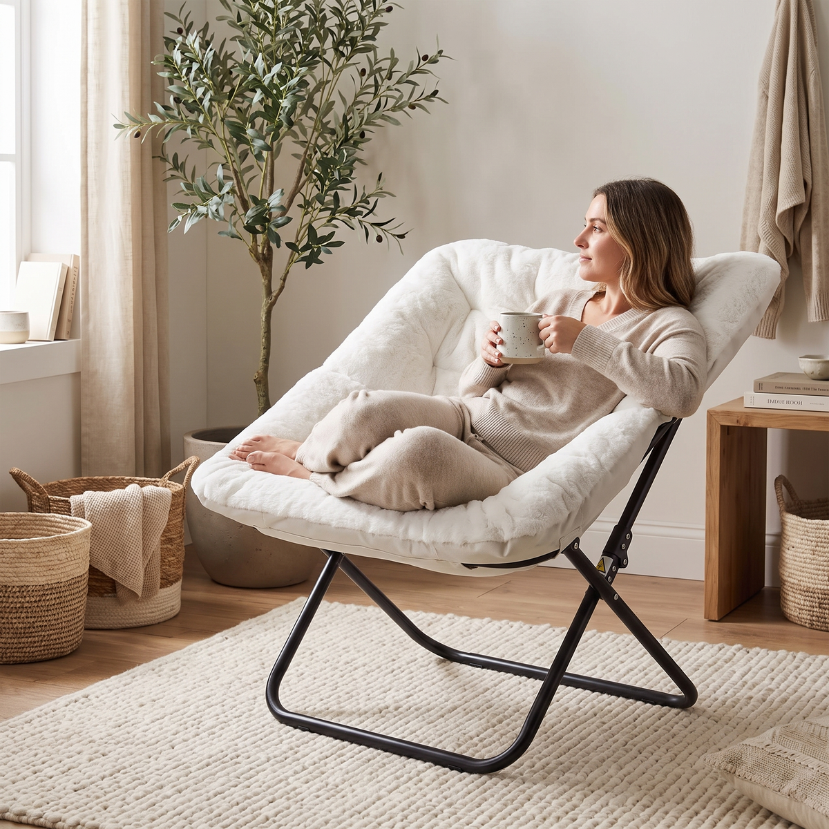 Saucer Chair - Foldable Faux Fur Lounge Chair (Rice White) in a living space
