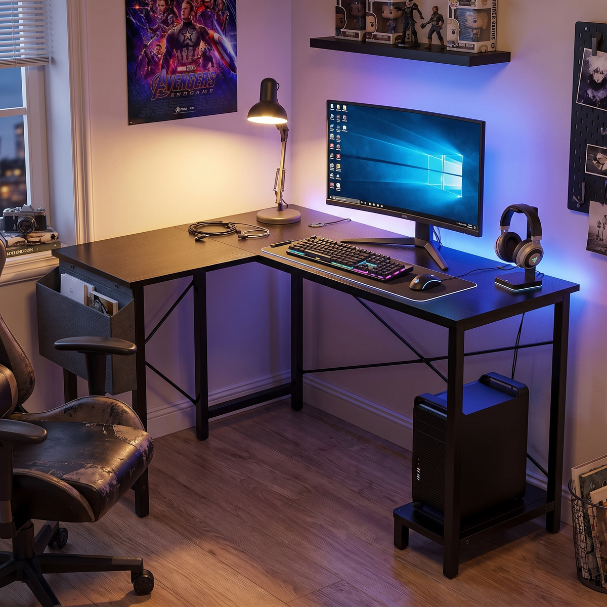 L Shaped Gaming Desk - Corner Workstation (Black) in a gaming room