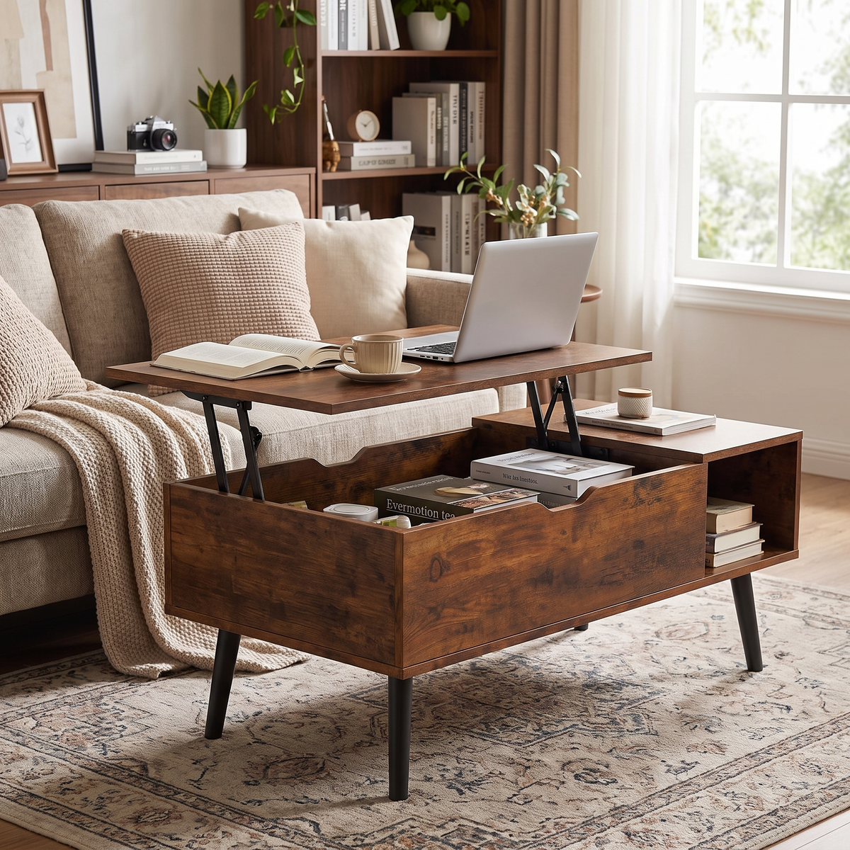 Lift Top Coffee Table (Chocolate) in a living room