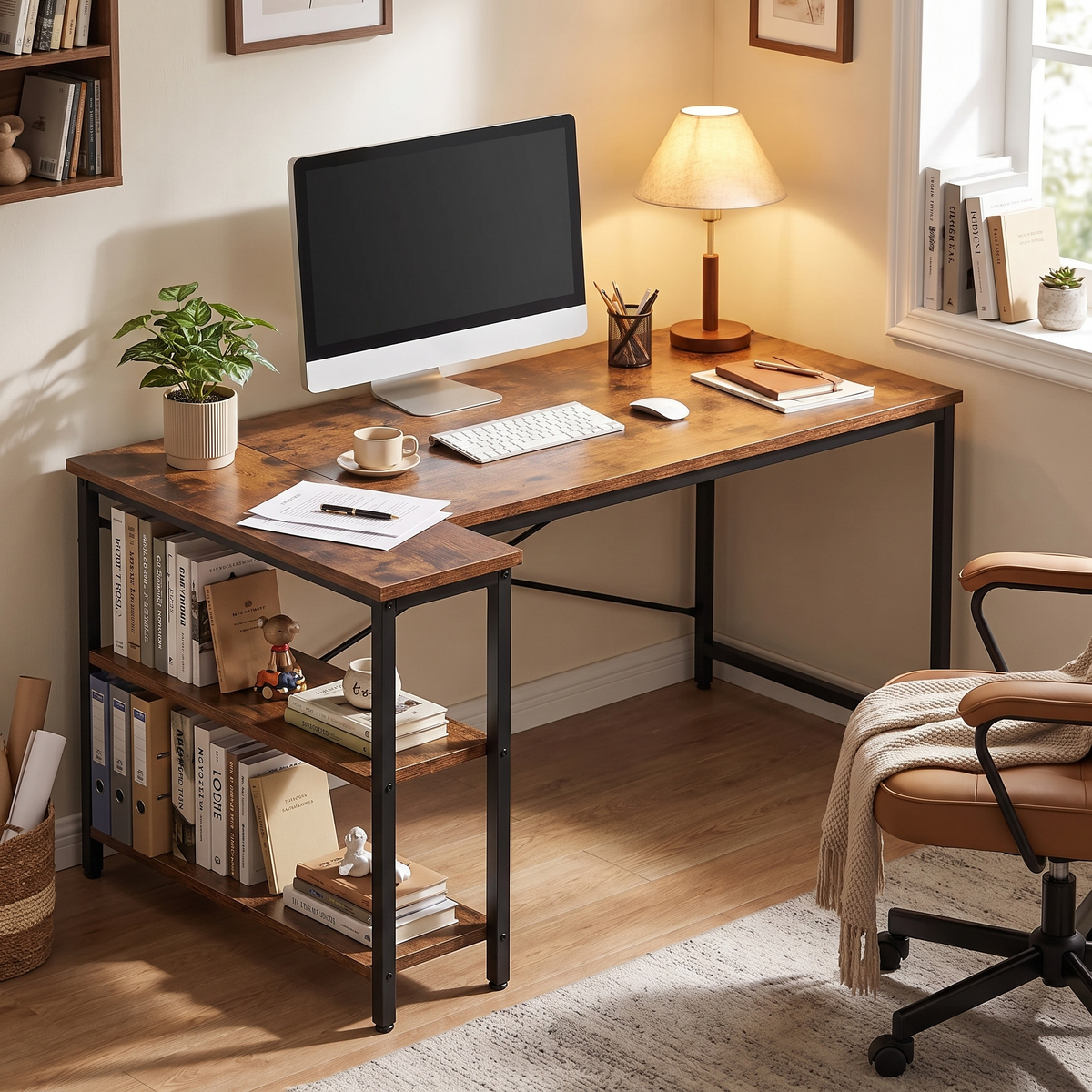 L Shaped Desk with Shelves (Rustic Brown) in a home office