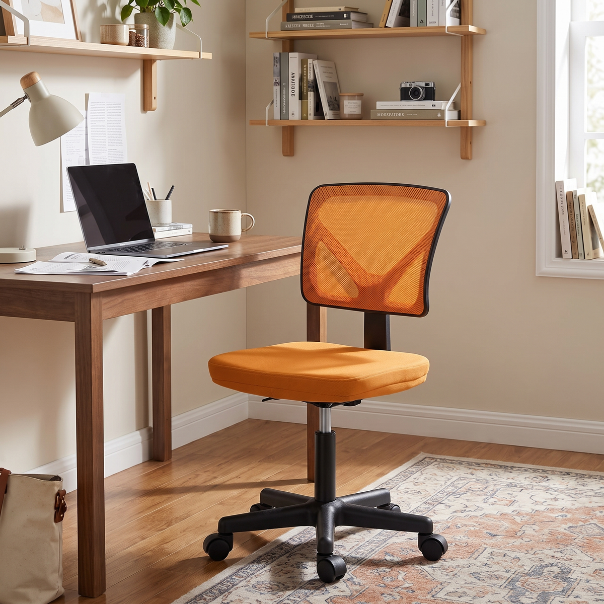 Armless Office Chair (Orange) in a home office
