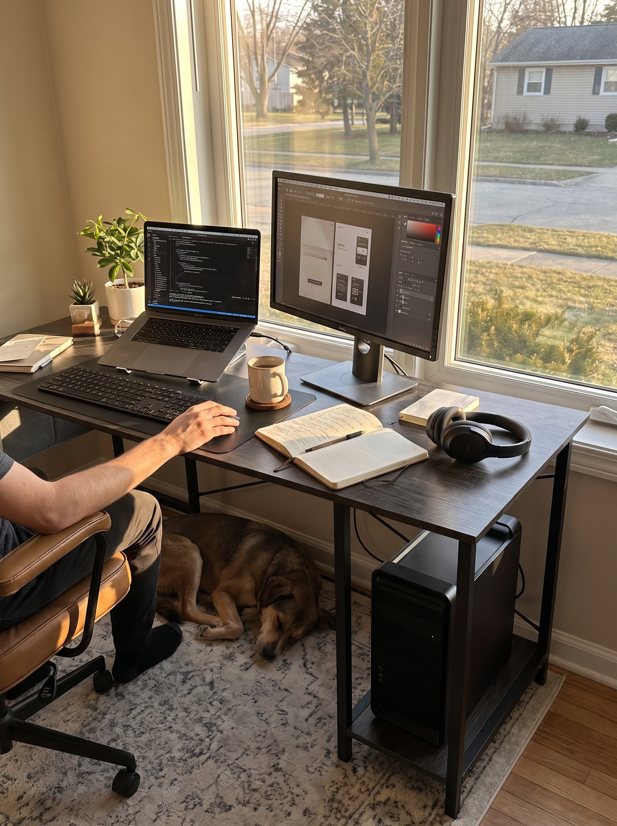 L Shaped Gaming Desk Gray Wood lifestyle 2