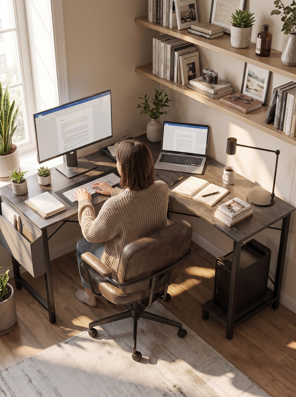 L Shaped Gaming Desk Gray Wood lifestyle 1