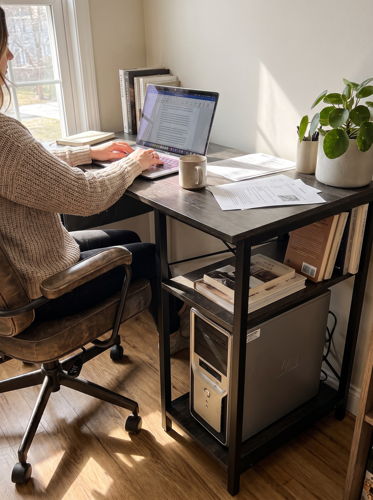 L Shaped Gaming Desk Gray Wood lifestyle 3