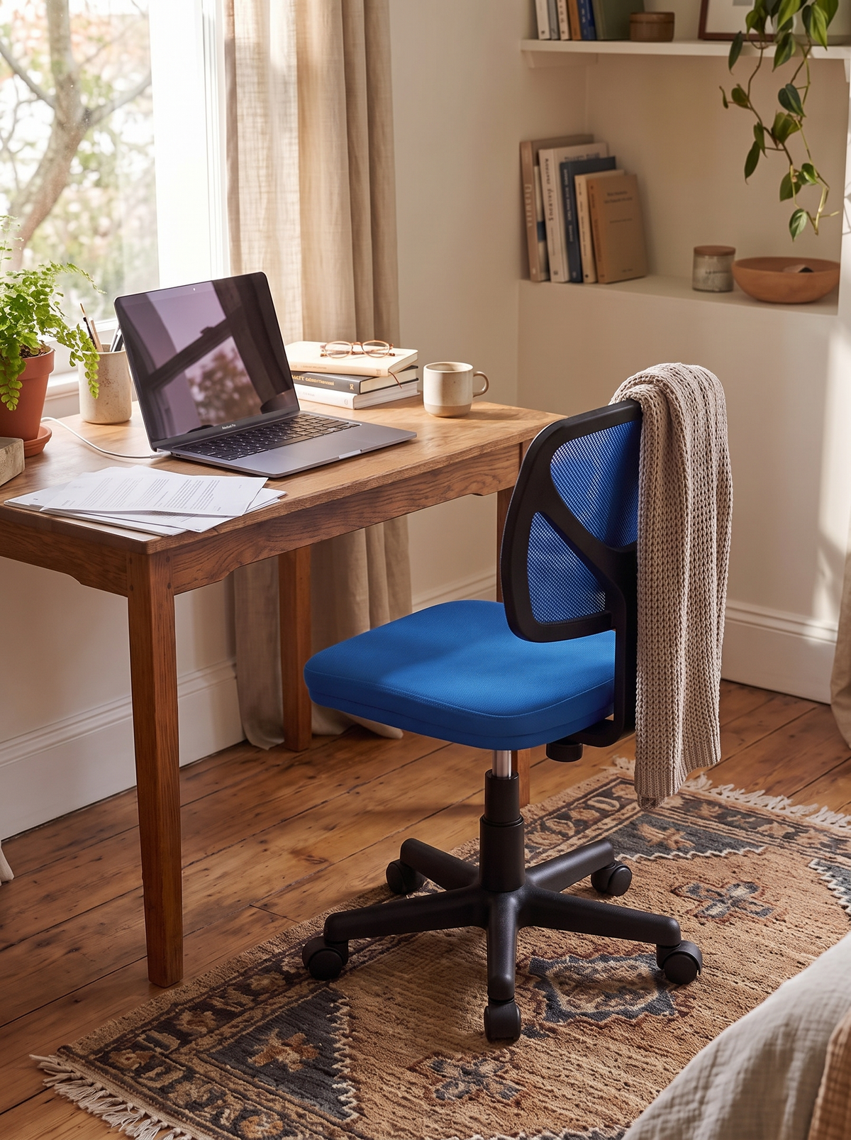 Blue mesh armless office chair tucked at a wooden desk in a sunlit home office
