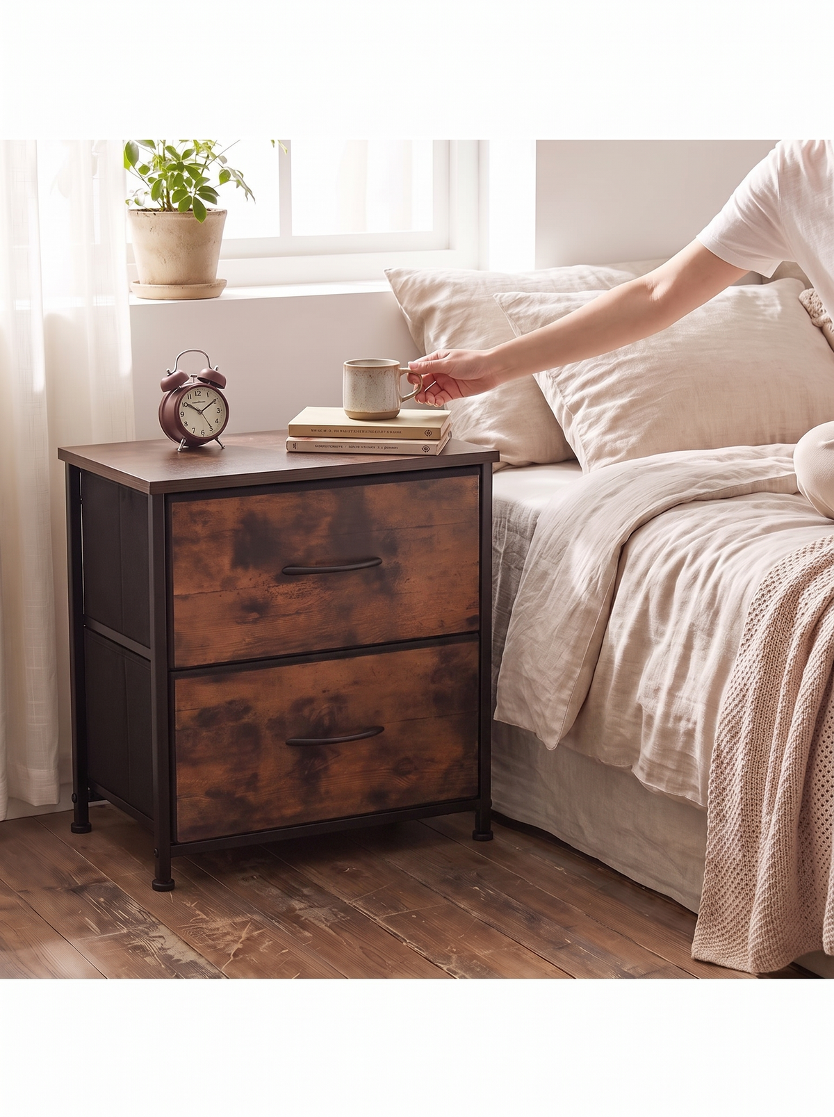 Rustic brown 2 drawer nightstand with a clock, books and mug on its wooden top