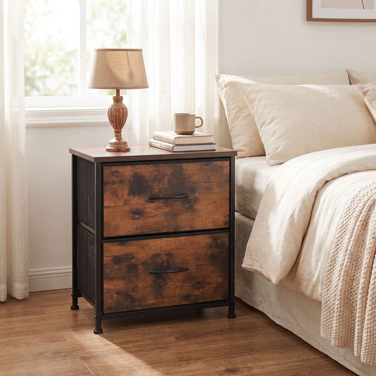 Rustic brown 2-drawer fabric nightstand with black steel frame styled beside a bed