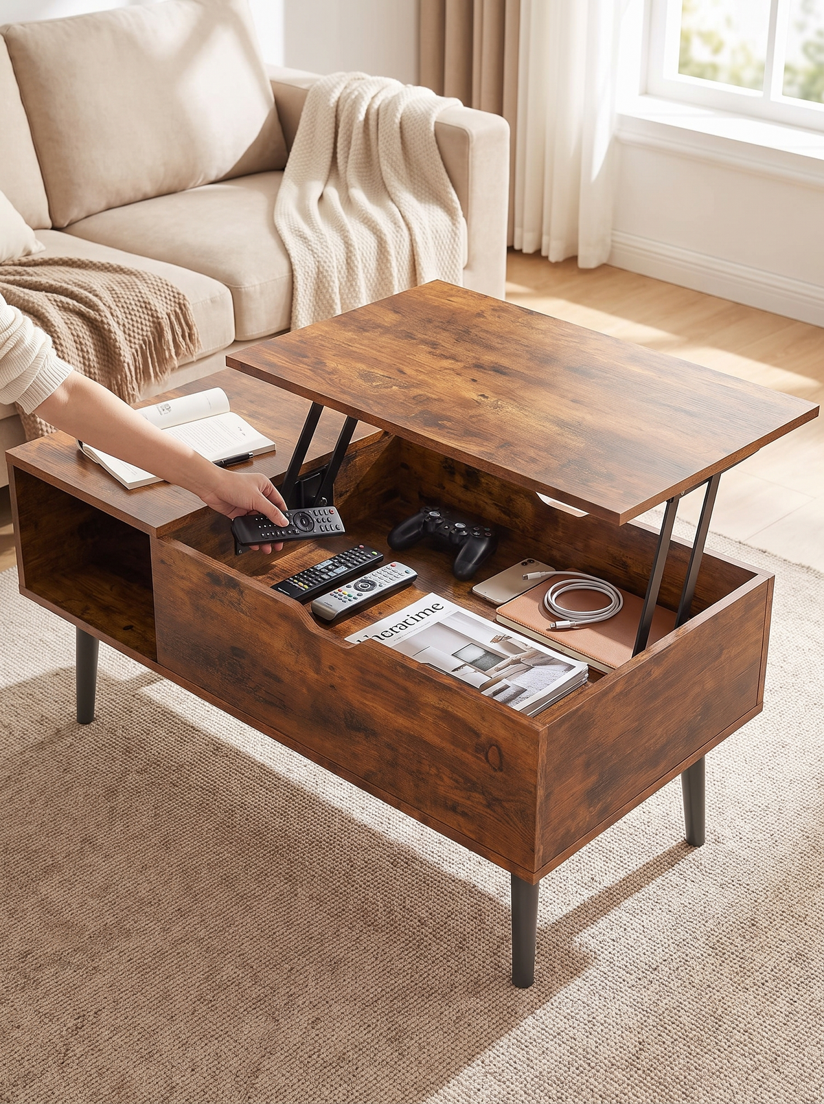 Chocolate lift top coffee table with the top raised and the hidden storage compartment open, holding remotes, a controller and magazines