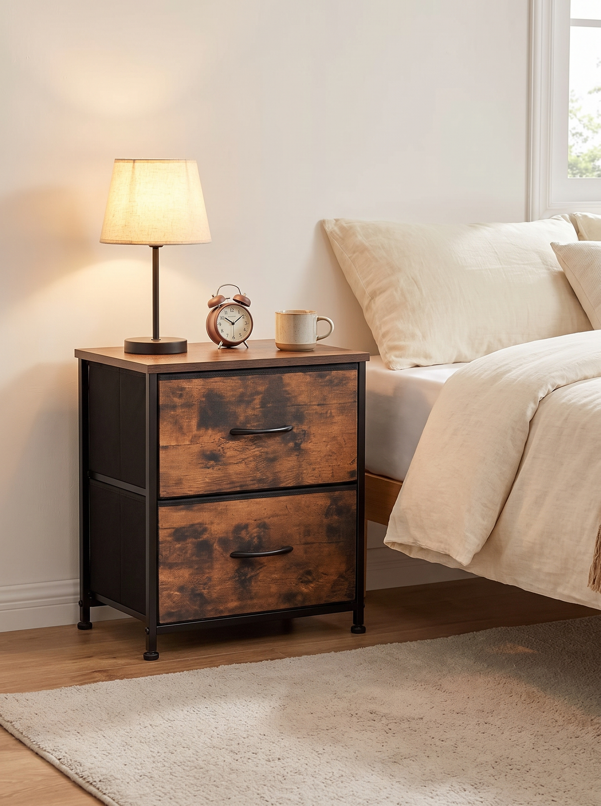 Slim brown 2 drawer nightstand with both drawers closed beside a bed in a small bedroom with a lamp and clock on top