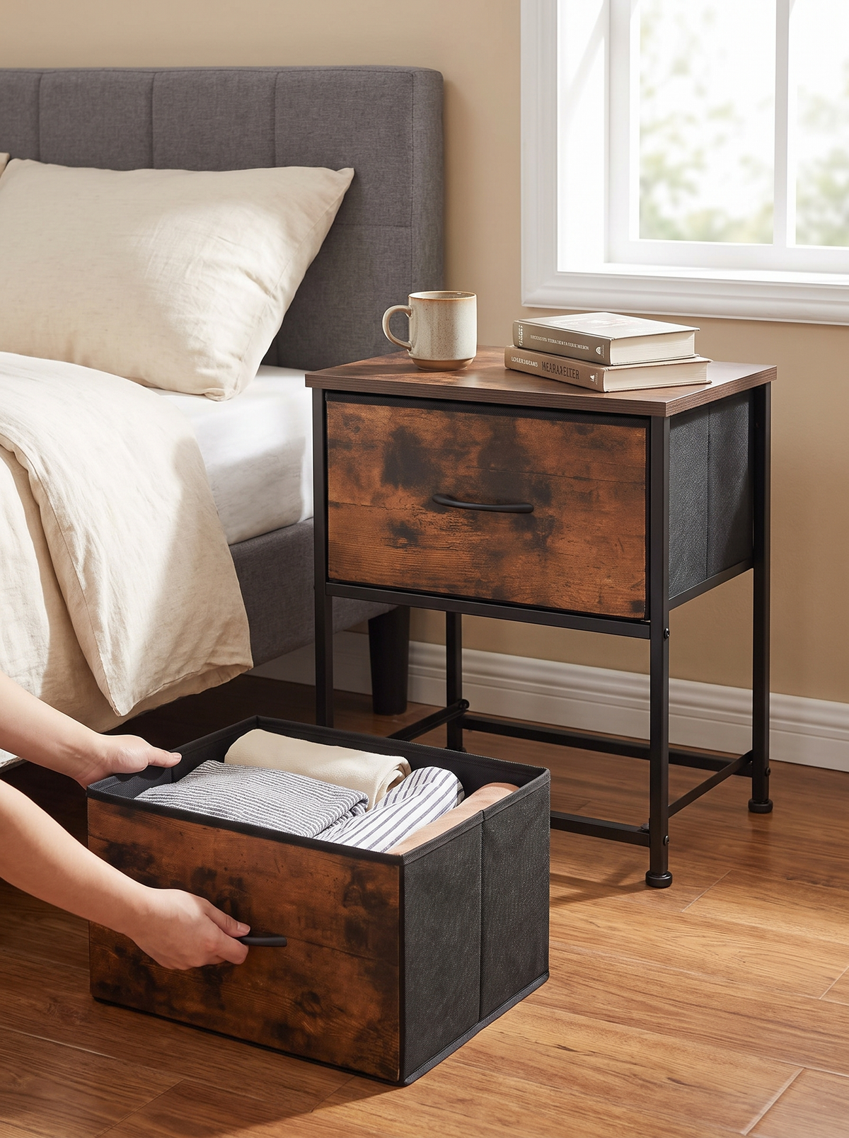 Brown fabric drawer bin lifted fully out of the nightstand, the empty bay open through to the wall behind