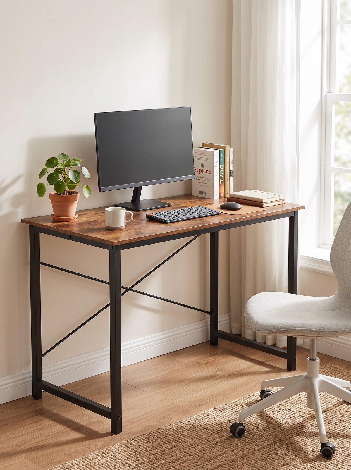 Rust wood top computer desk on a black metal frame in a bright home office corner with an empty chair