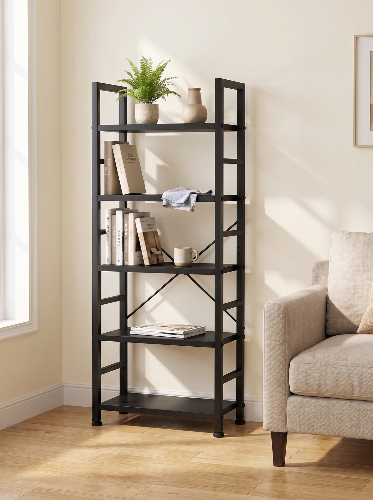 Slim black 5 tier ladder bookshelf in a living room, whole unit shown at true compact size beside a sofa