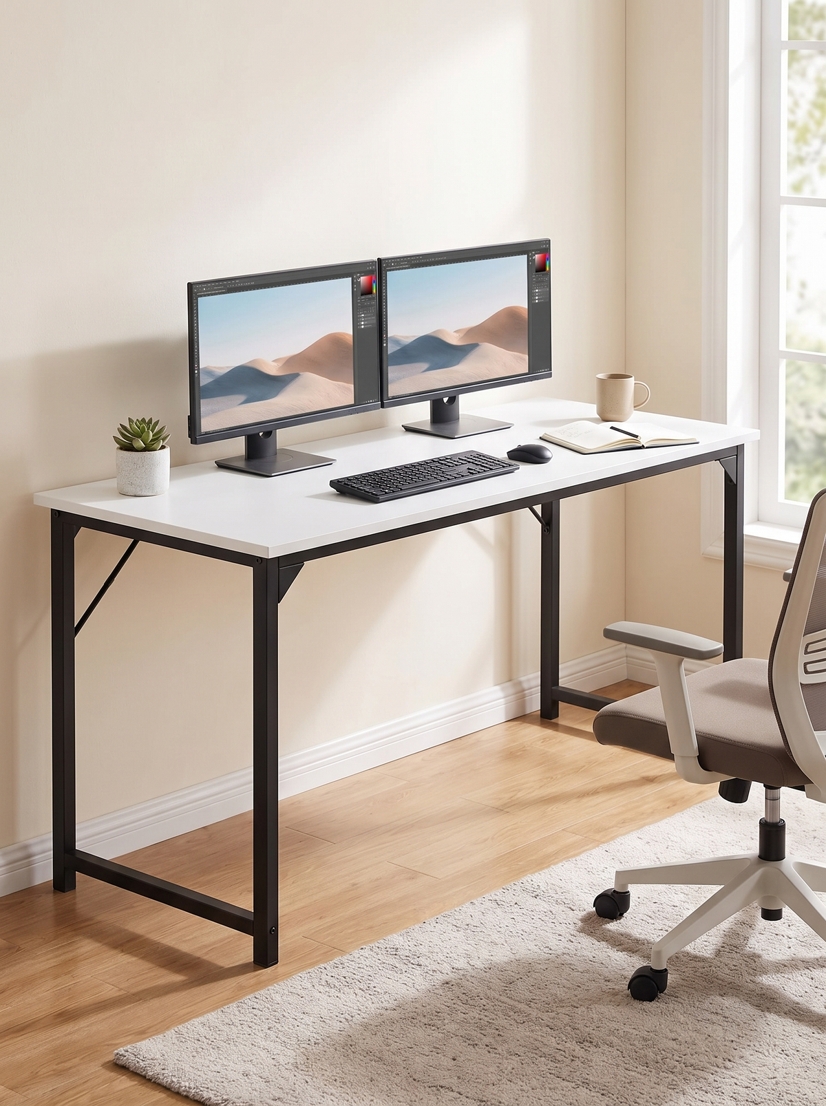 White top computer desk on a black metal frame with dual monitors in a bright home office