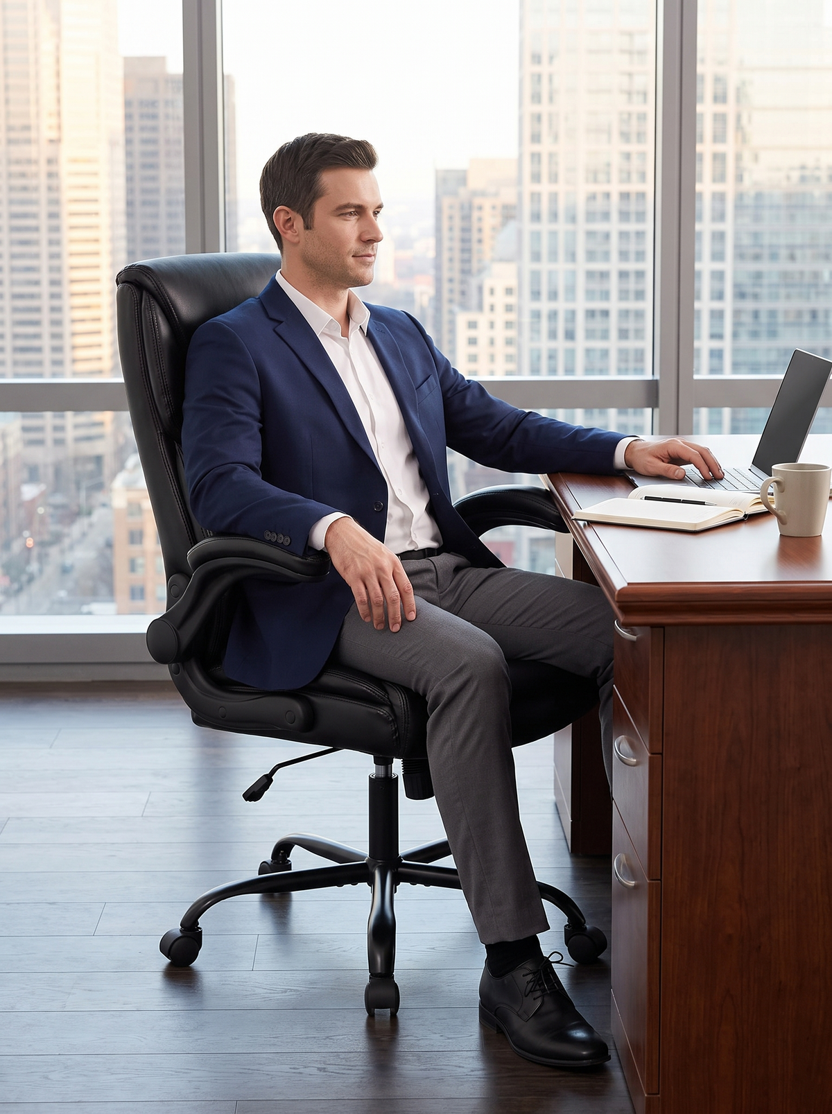 Man seated properly in the black leather high back executive chair at a wooden desk in a city office