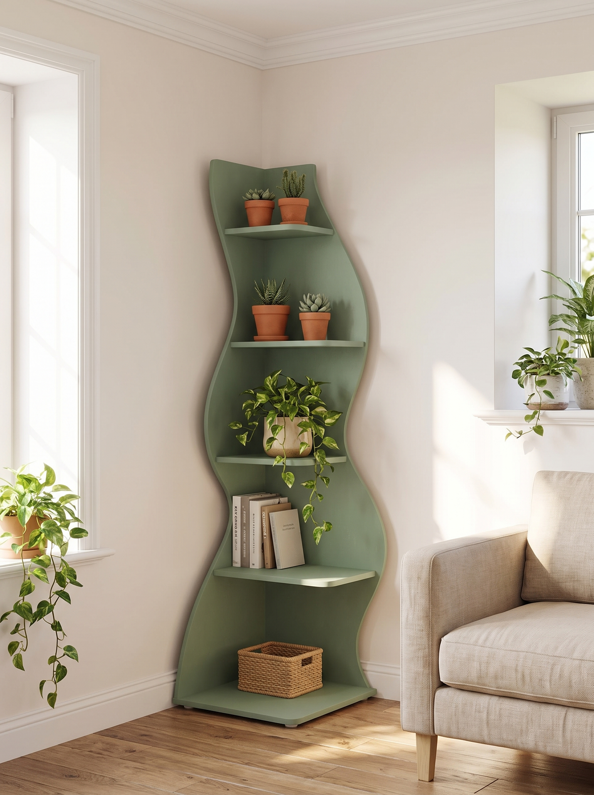 Slim green wave corner plant shelf with five tiers of potted plants in a living room corner