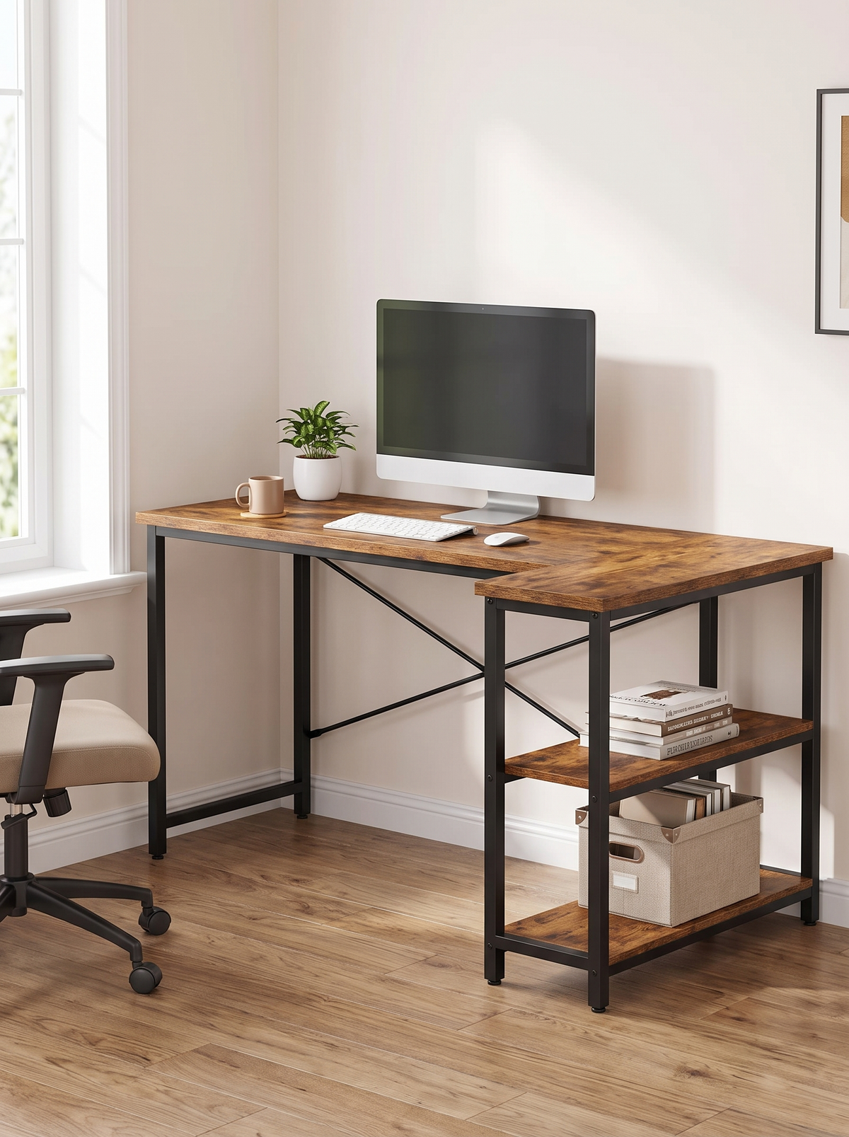 Rustic brown L shaped corner desk with a black metal frame and two open shelves in a bright room corner