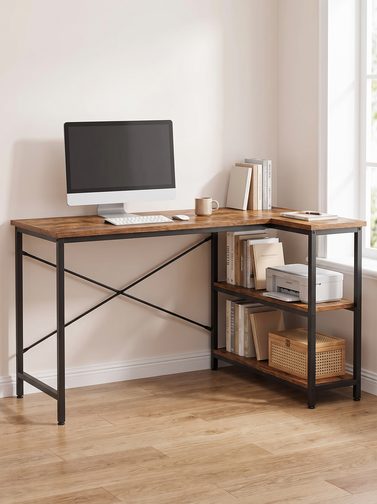 Rustic brown L shaped desk with two open shelves under the short return holding books and a printer