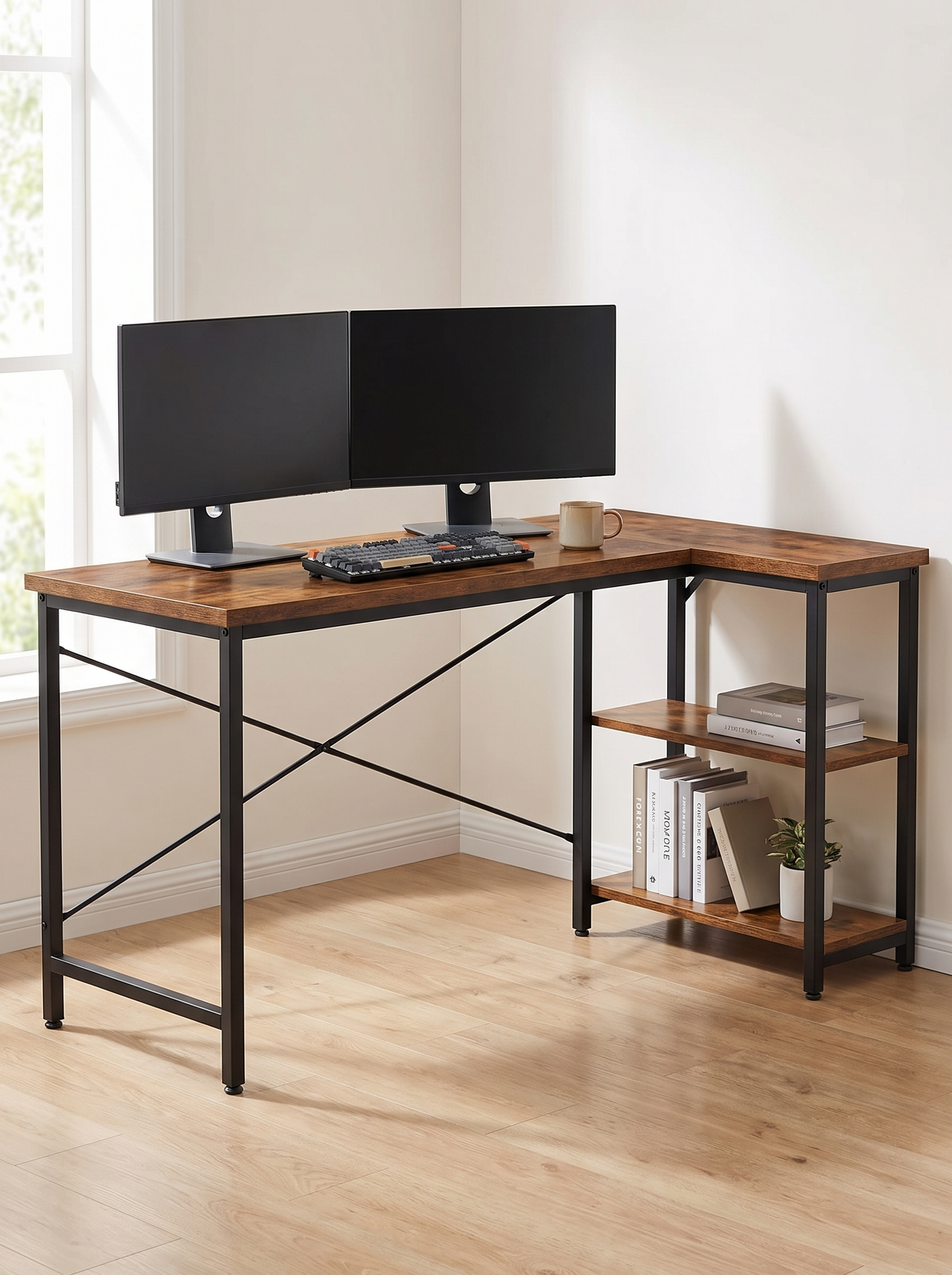 Rustic brown L shaped desk on a black metal frame holding a dual monitor setup steady