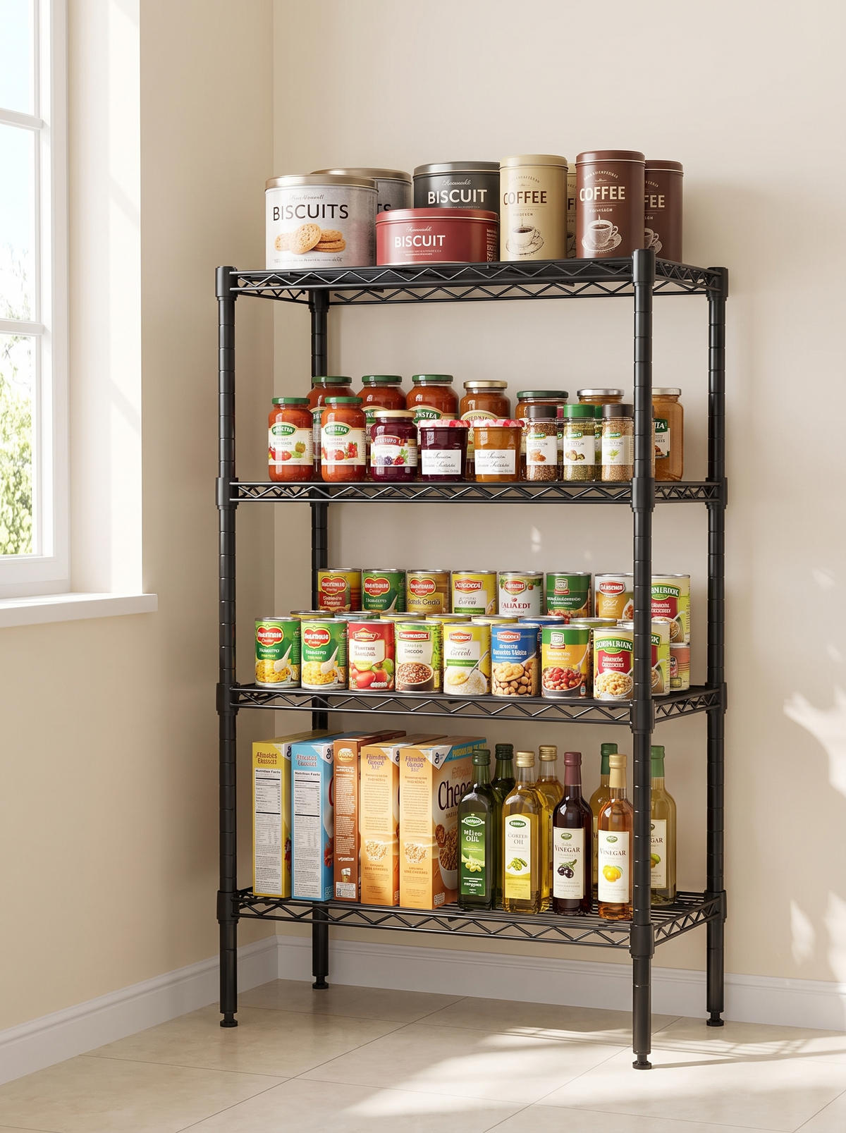 Black four tier wire shelving unit in a pantry with shelves set at different heights for tall bottles and short cans
