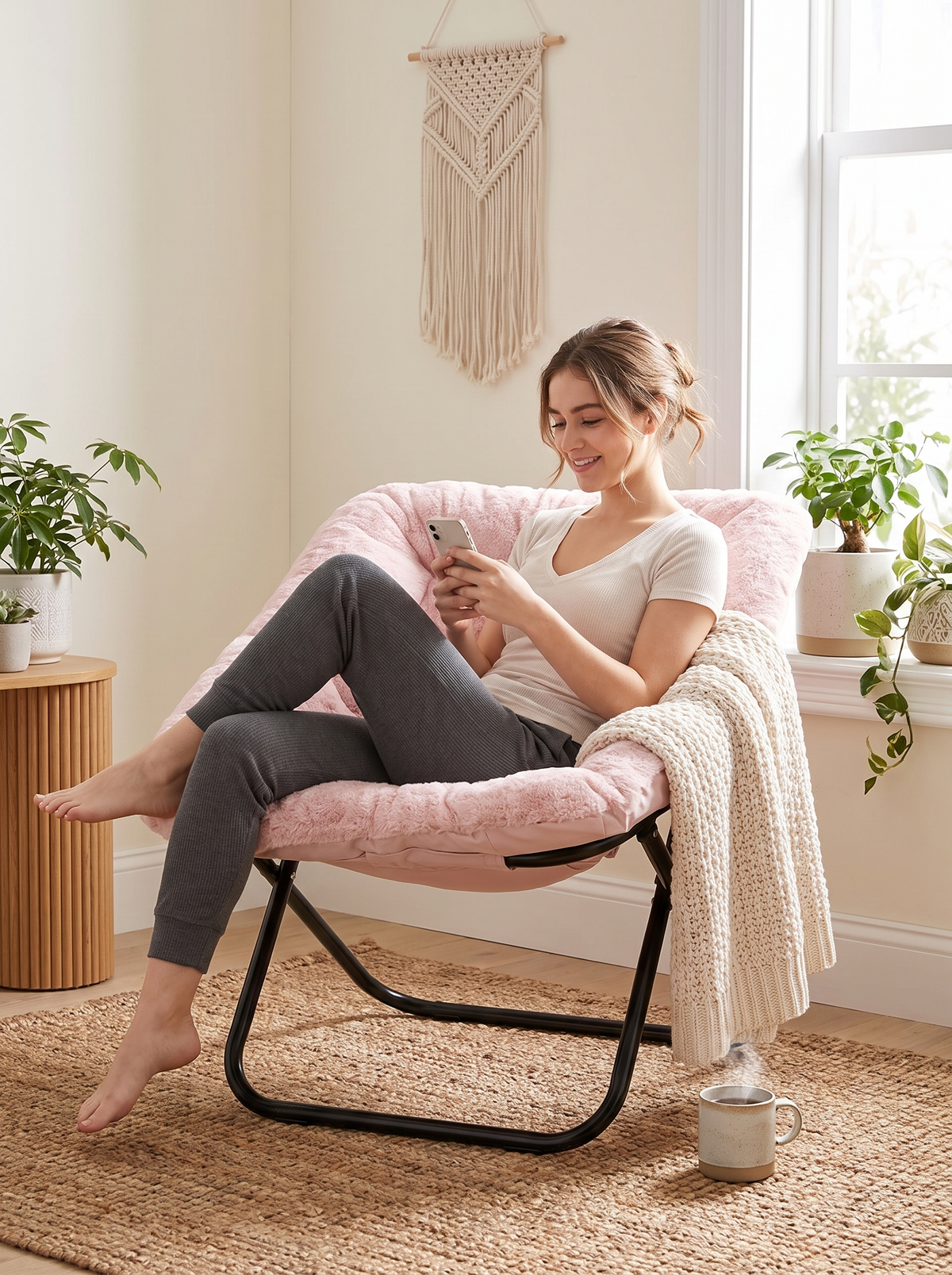 Young woman relaxing on her phone in the open pink faux fur saucer chair with a knit throw and a mug beside her