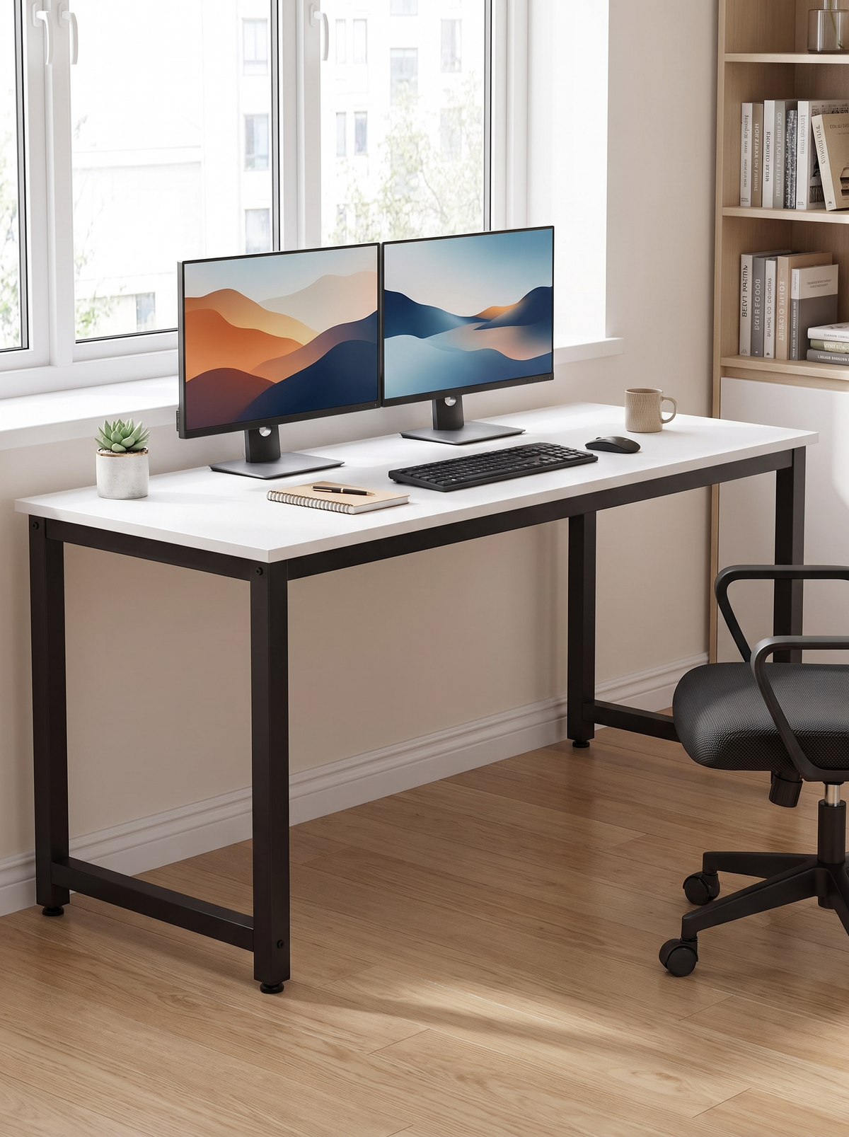 Wide white topped desk on black metal legs along a window wall with a dual monitor setup and an empty chair