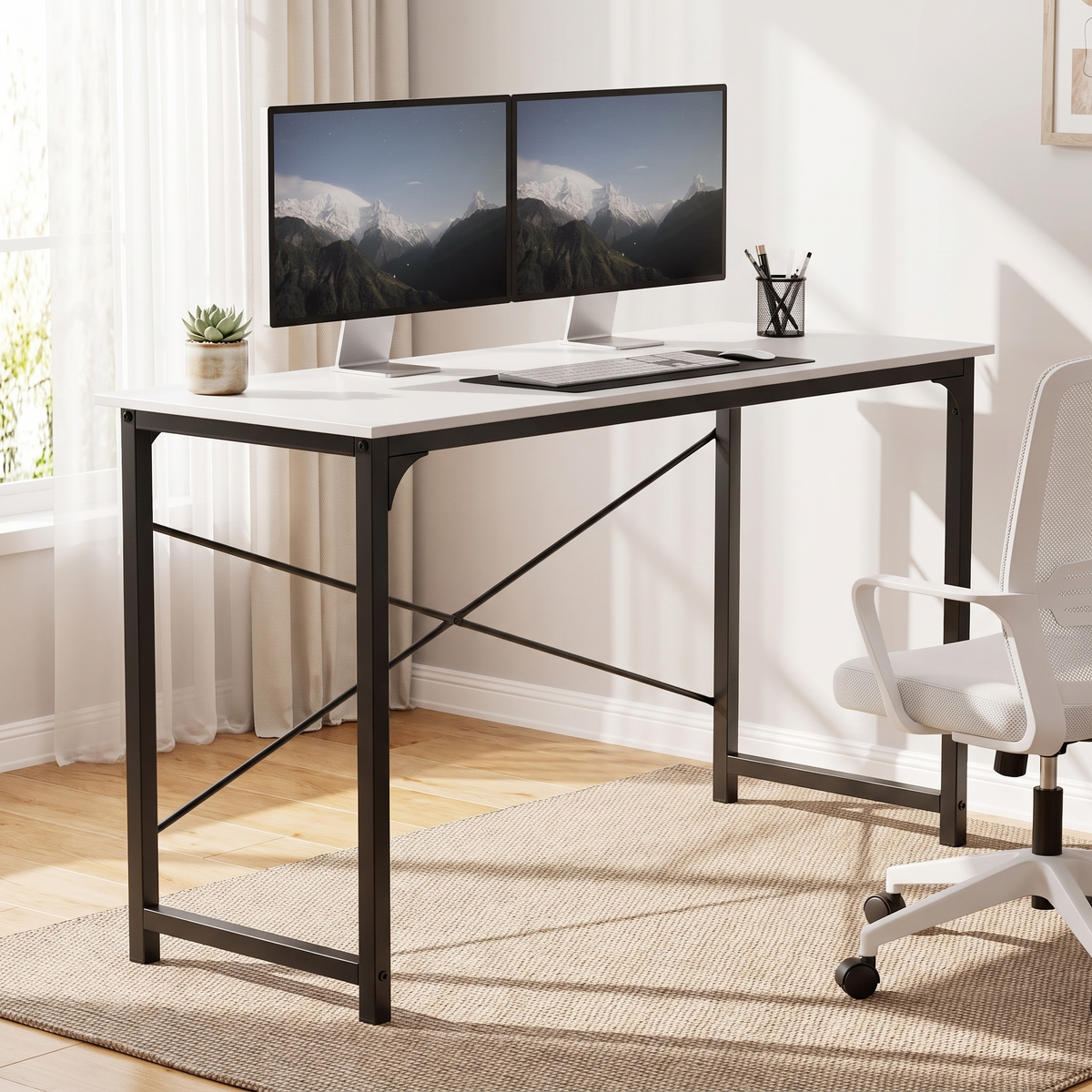 63 inch white computer desk with black metal frame and X cross-brace in a bright home office