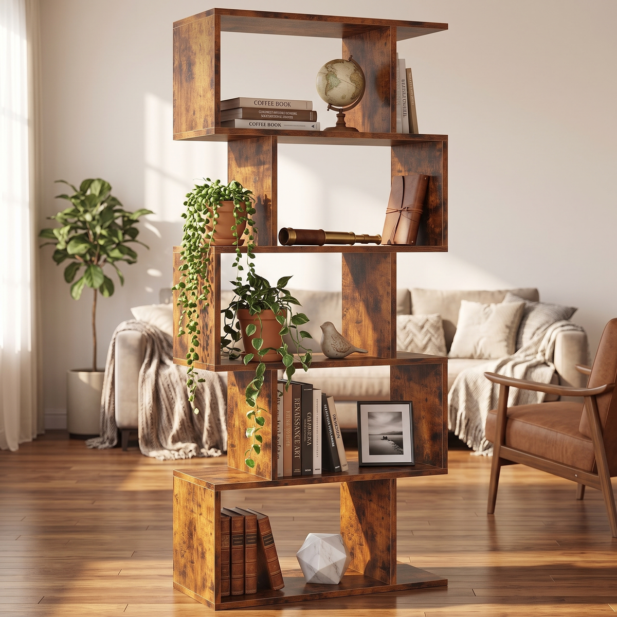 5-tier S-shaped rustic brown bookcase used as a room divider in a bright living room
