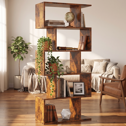 5-tier S-shaped rustic brown bookcase used as a room divider in a bright living room