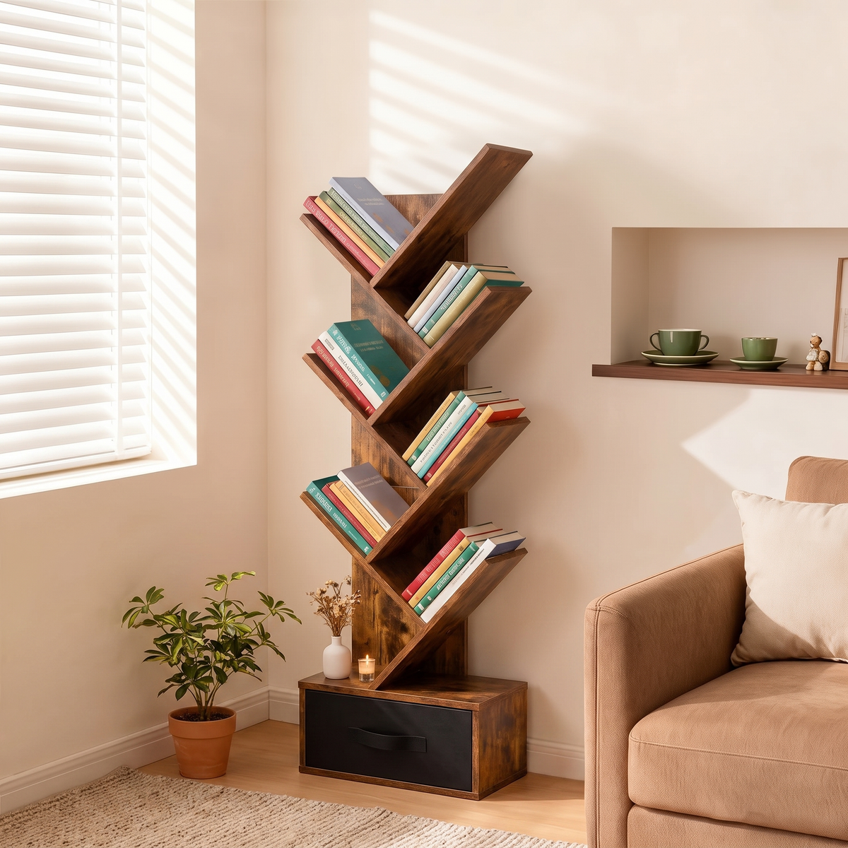 7-tier tree branch bookshelf with storage drawer styled with books in a sunlit living room corner
