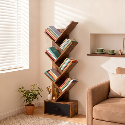 7-tier tree branch bookshelf with storage drawer styled with books in a sunlit living room corner