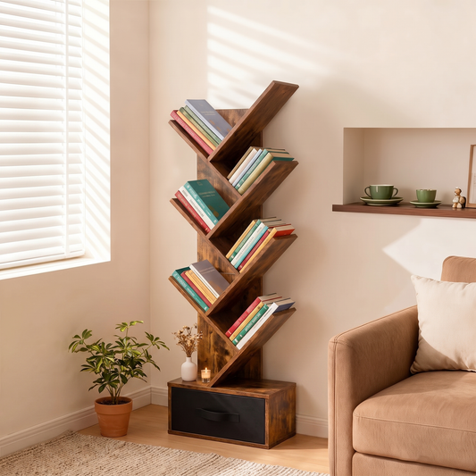 7-tier tree branch bookshelf with storage drawer styled with books in a sunlit living room corner