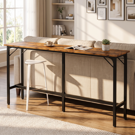 Long narrow bar-height console table with rustic brown top and black metal frame behind a living room sofa