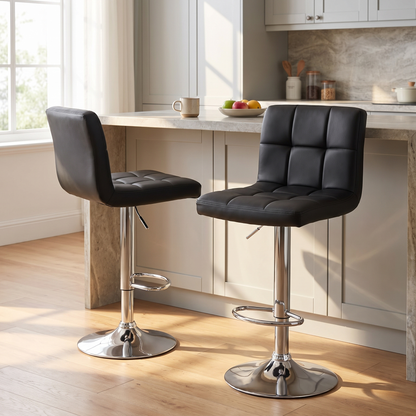 Black PU leather adjustable swivel bar stools set of 2 at a kitchen island