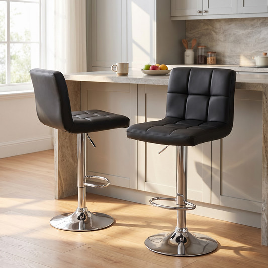 Black PU leather adjustable swivel bar stools set of 2 at a kitchen island