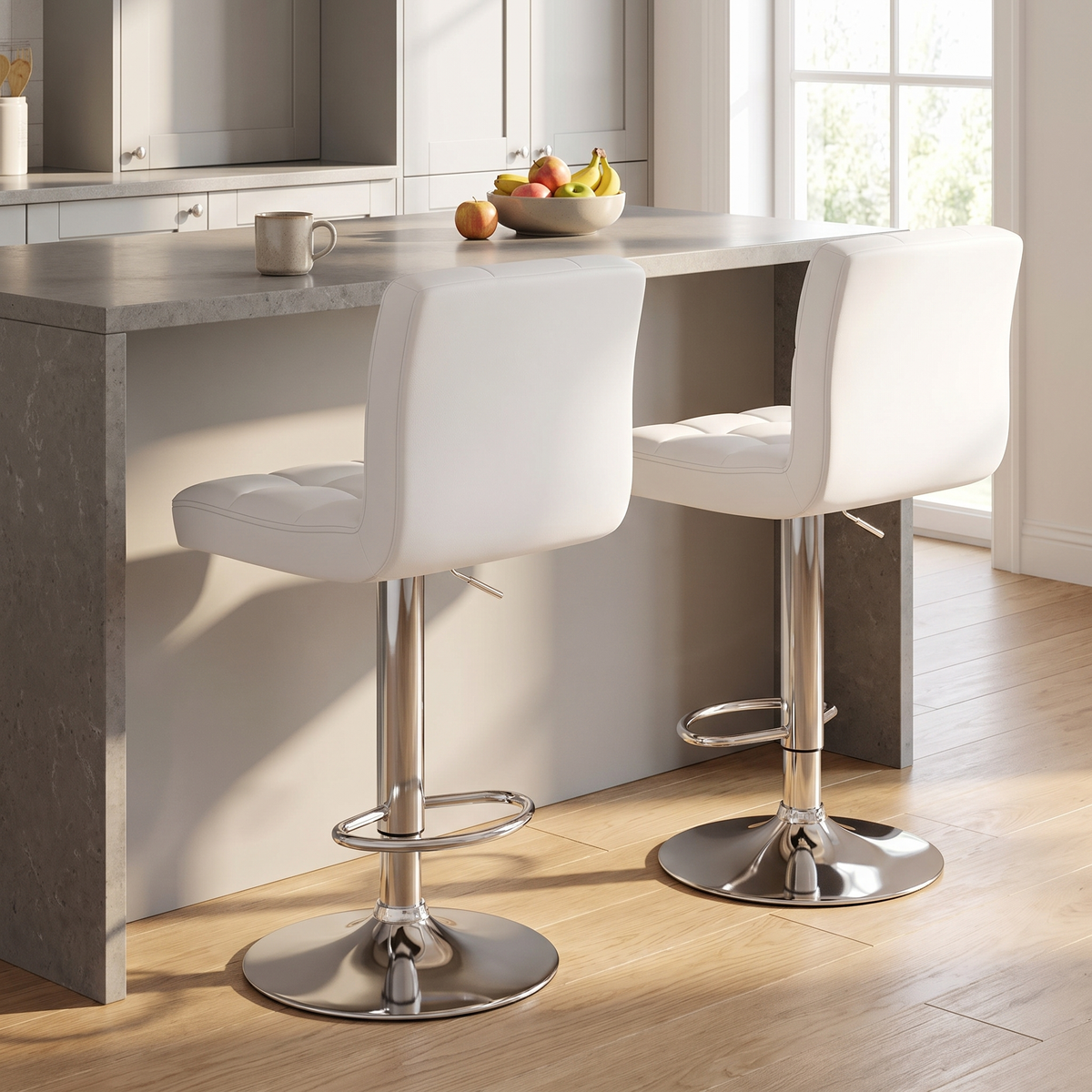 White PU leather adjustable swivel bar stools set of 2 at a kitchen island