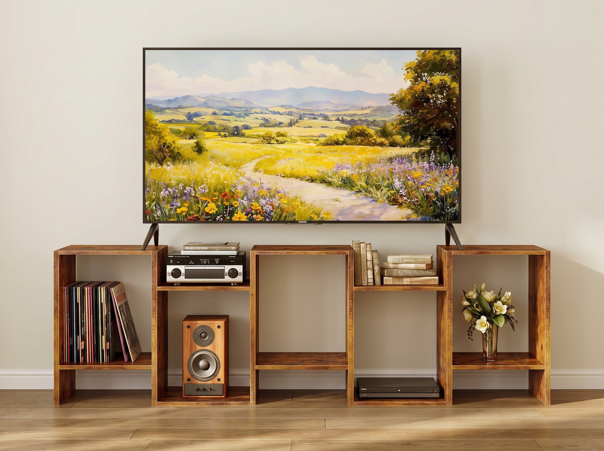 S shaped bookcase laid on its side as a low television bench with records, a stereo, books and flowers in the zigzag cubbies