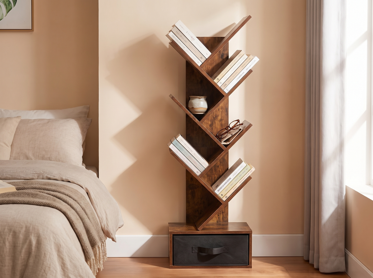 Angled tiers of the tree bookshelf holding books upright in a bedroom corner