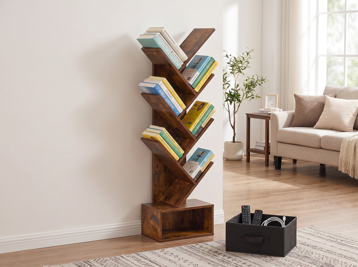 Fabric storage bin lifted out of the tree bookshelf base and set on the floor beside it