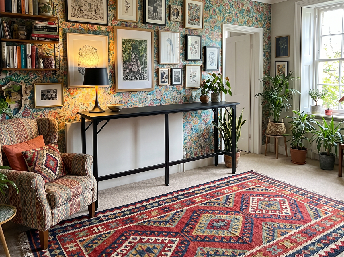 Black console table reading as a quiet dark line in a colourful patterned room