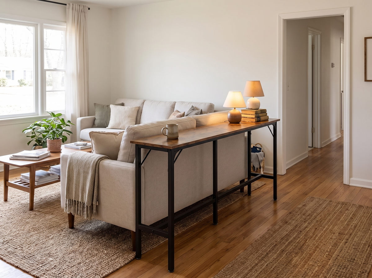 Rustic brown bar height console table standing behind a sofa in a living room