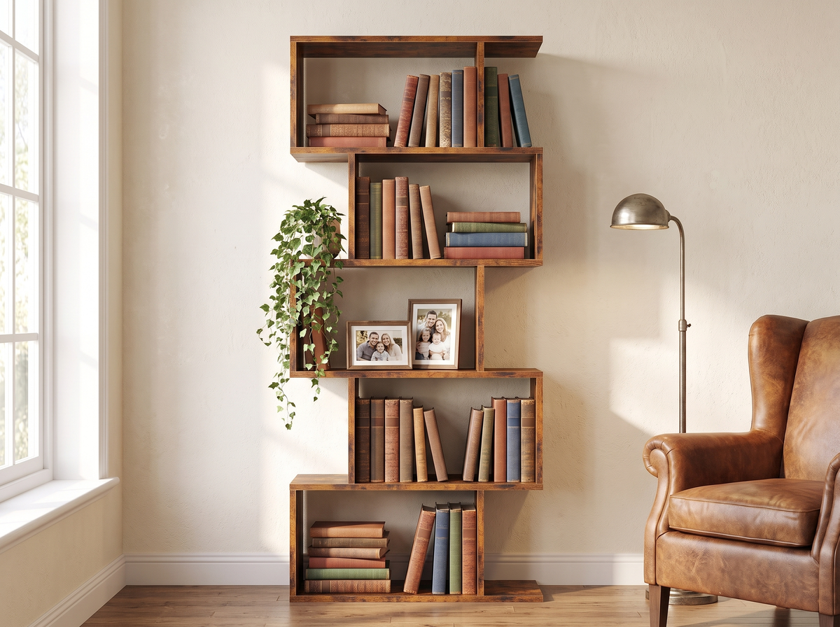 S shaped bookcase filled with books, plants and framed photos in a warm study