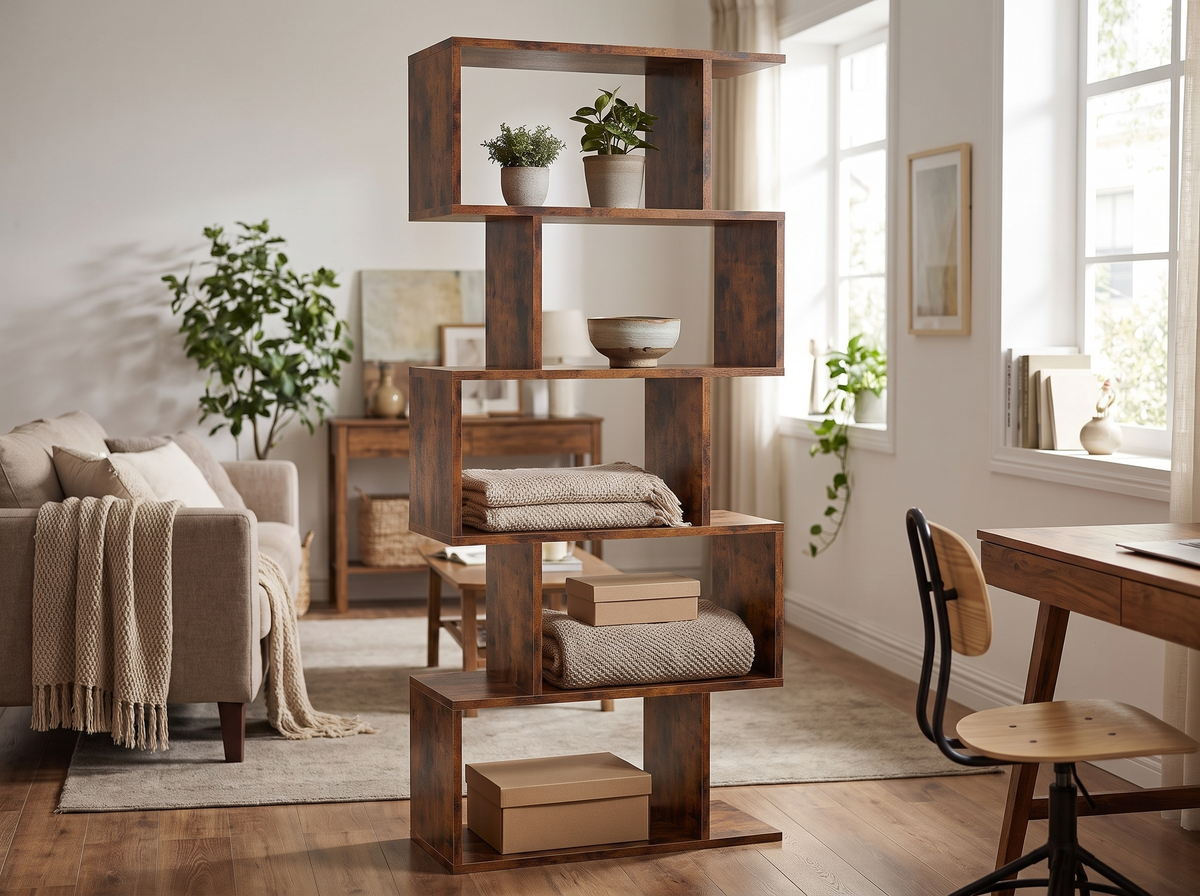 S shaped bookcase standing free as a see through room divider between a sitting area and a desk