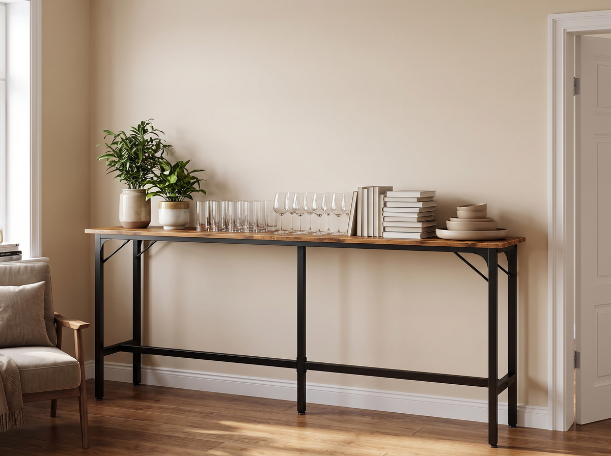 Rustic brown console table loaded with glassware, plants and books against a wall