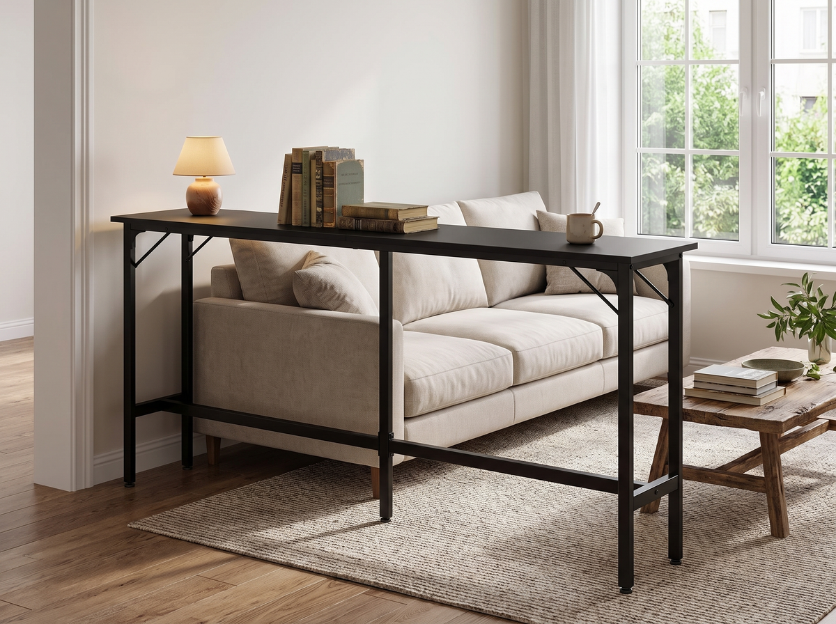 All black bar height console table standing behind a sofa in a living room