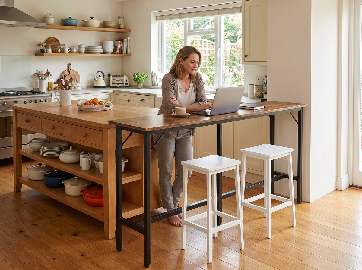 Woman standing at the rustic brown bar height console table using a laptop in a kitchen