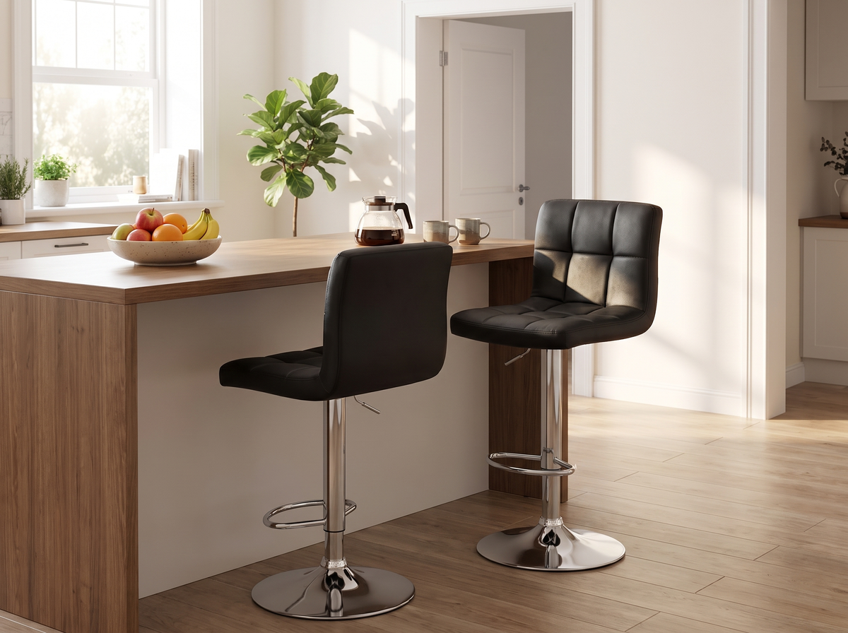 Pair of black adjustable swivel bar stools at a kitchen island set at two different heights
