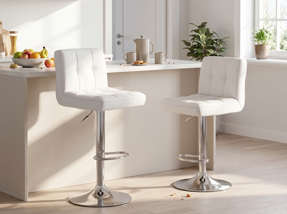 Pair of white adjustable swivel bar stools at a kitchen island set at two different heights