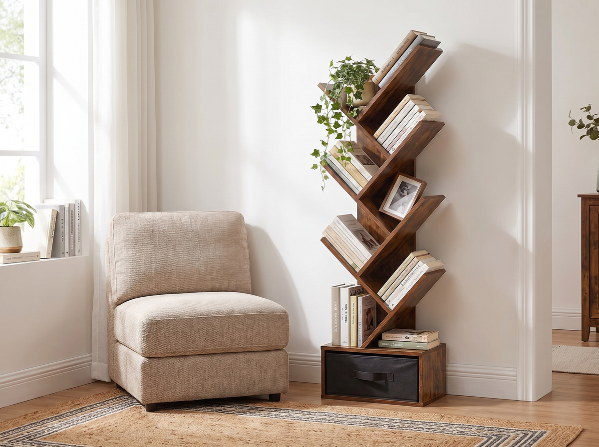 Tree bookshelf styled in a bright living room corner beside an armchair